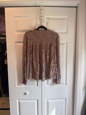 Cable & Gauge Mauve-Taupe Lace Mock Neck Blouse